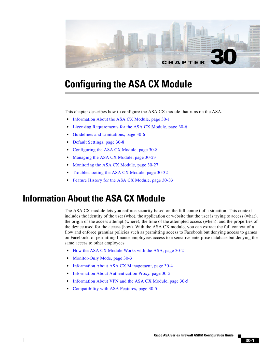 Cisco Systems ASA 5585-X, ASA 5505, ASA 5545-X Configuring the ASA CX Module, Information About the ASA CX Module, 30-1 