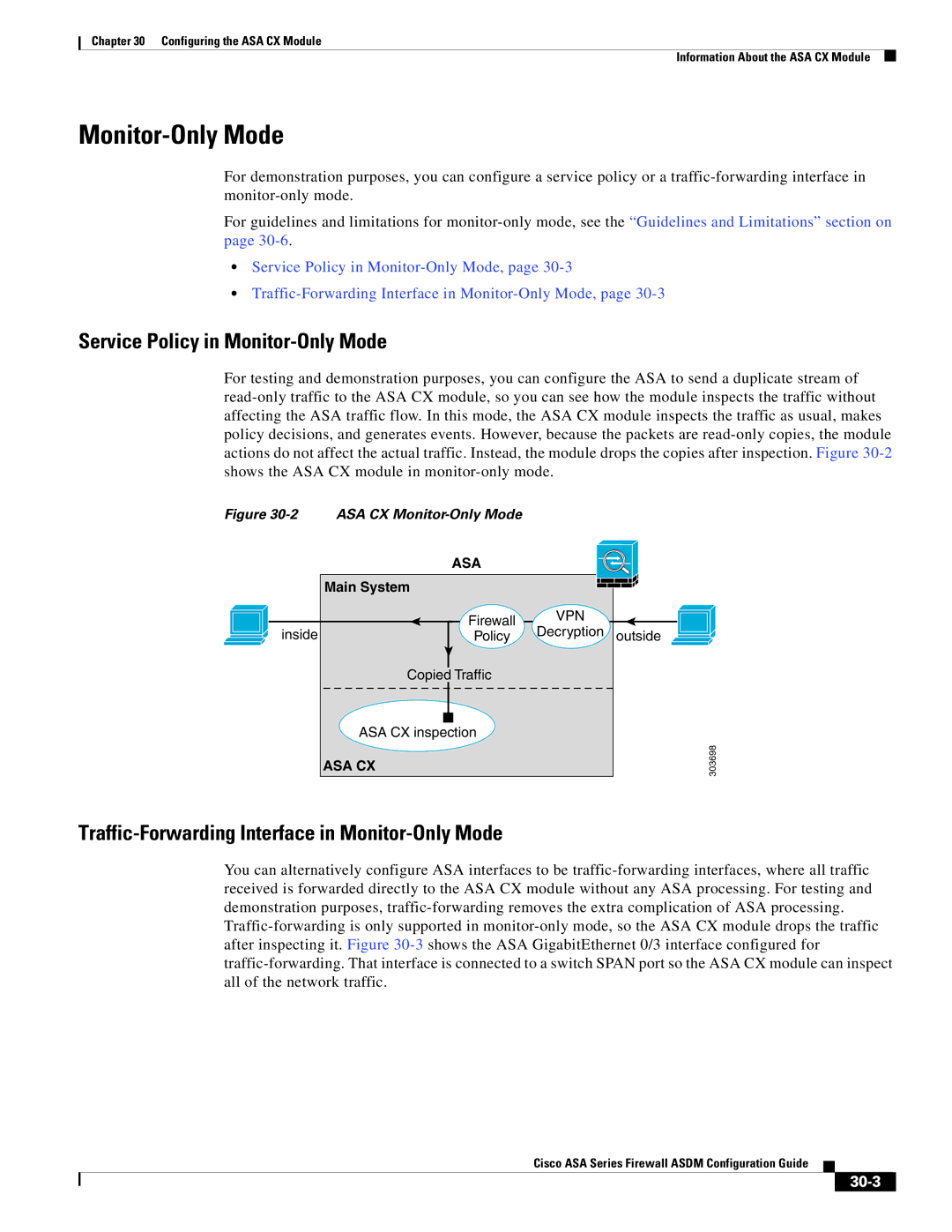 Cisco Systems ASA Services Module, ASA 5505, ASA 5545-X, ASA 5555-X, ASA 5585-X Service Policy in Monitor-Only Mode, 30-3 