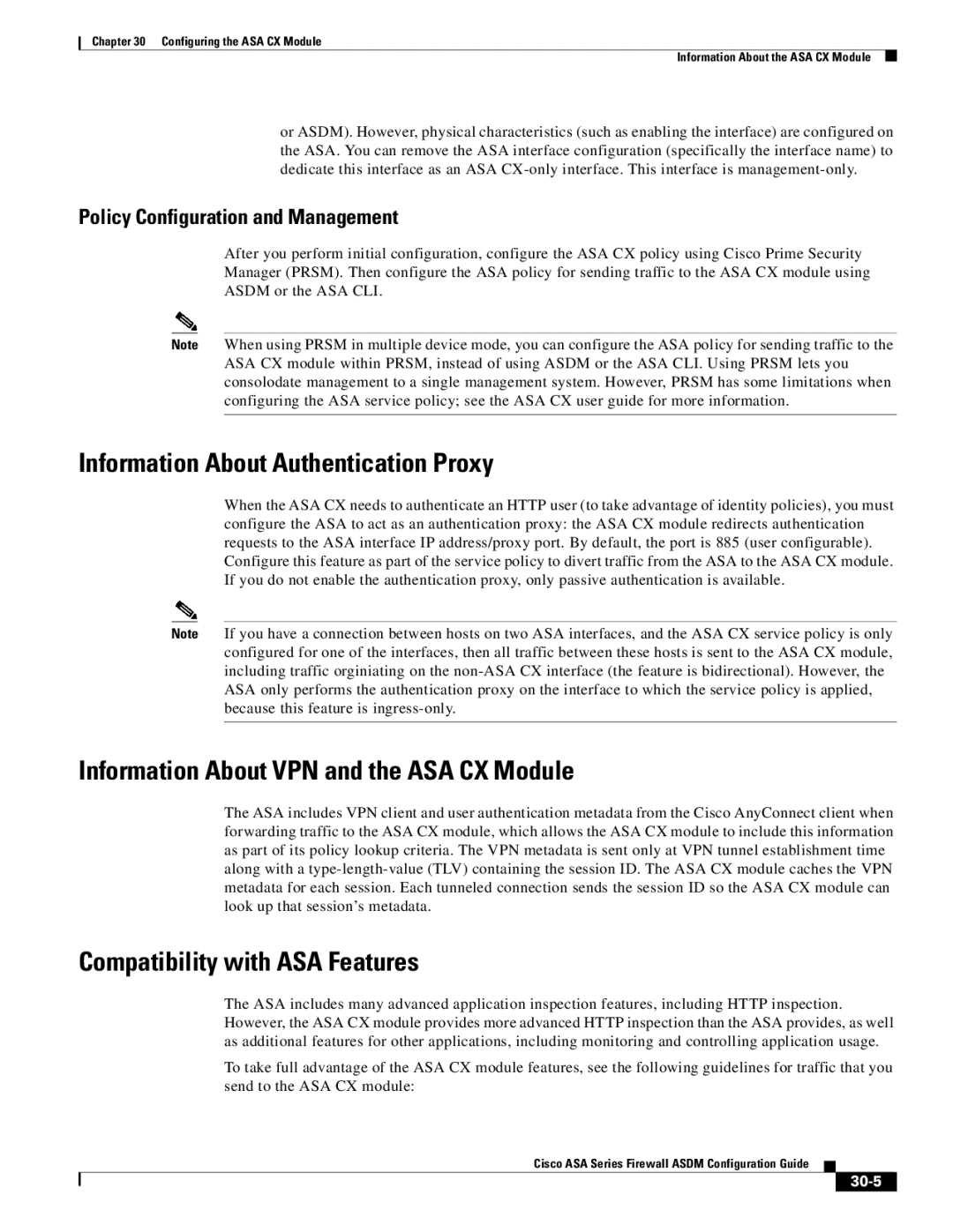 Cisco Systems ASA 5545-X manual Information About Authentication Proxy, Information About VPN and the ASA CX Module, 30-5 