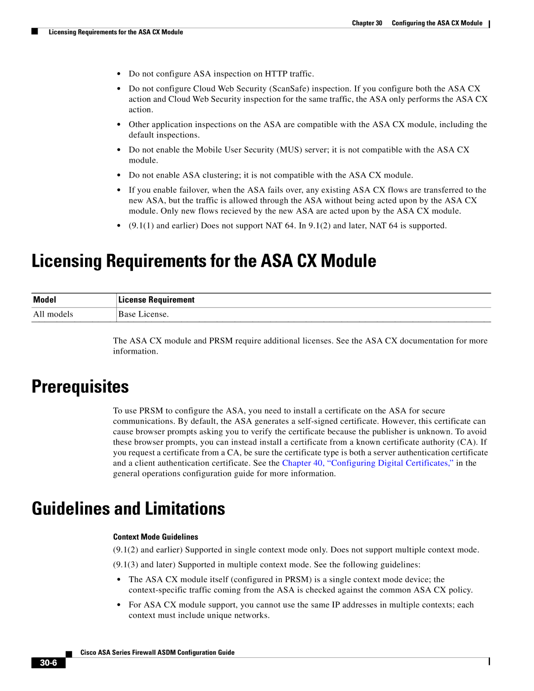 Cisco Systems ASA 5555-X, ASA 5505, ASA 5545-X, ASA 5585-X Licensing Requirements for the ASA CX Module, Prerequisites, 30-6 