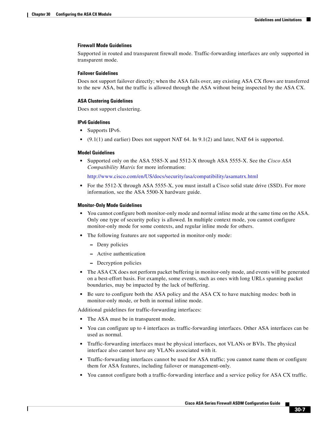 Cisco Systems ASA 5585-X, ASA 5505, ASA 5545-X, ASA 5555-X ASA Clustering Guidelines, Monitor-Only Mode Guidelines, 30-7 