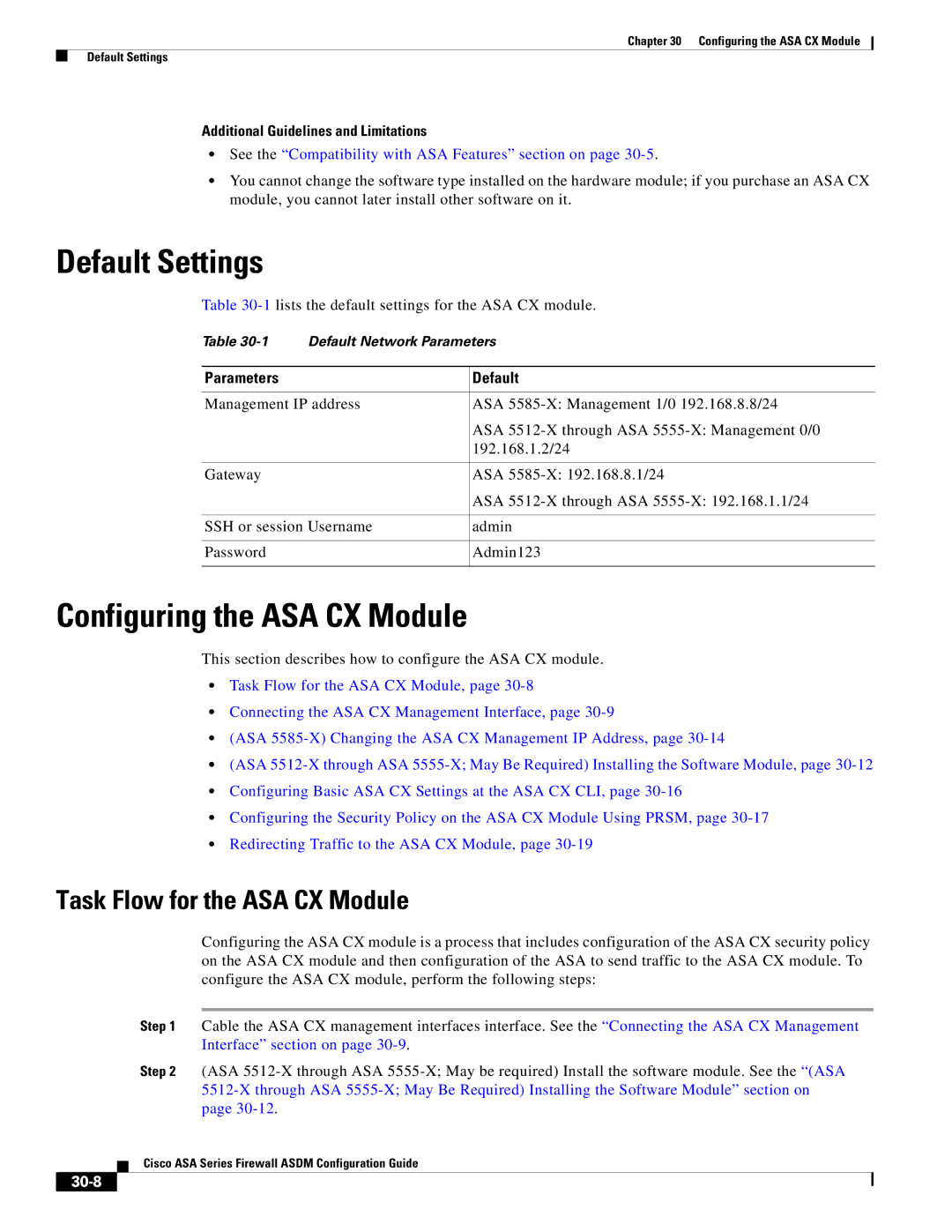 Cisco Systems ASA 5580, ASA 5505 Configuring the ASA CX Module, Task Flow for the ASA CX Module, Parameters Default, 30-8 