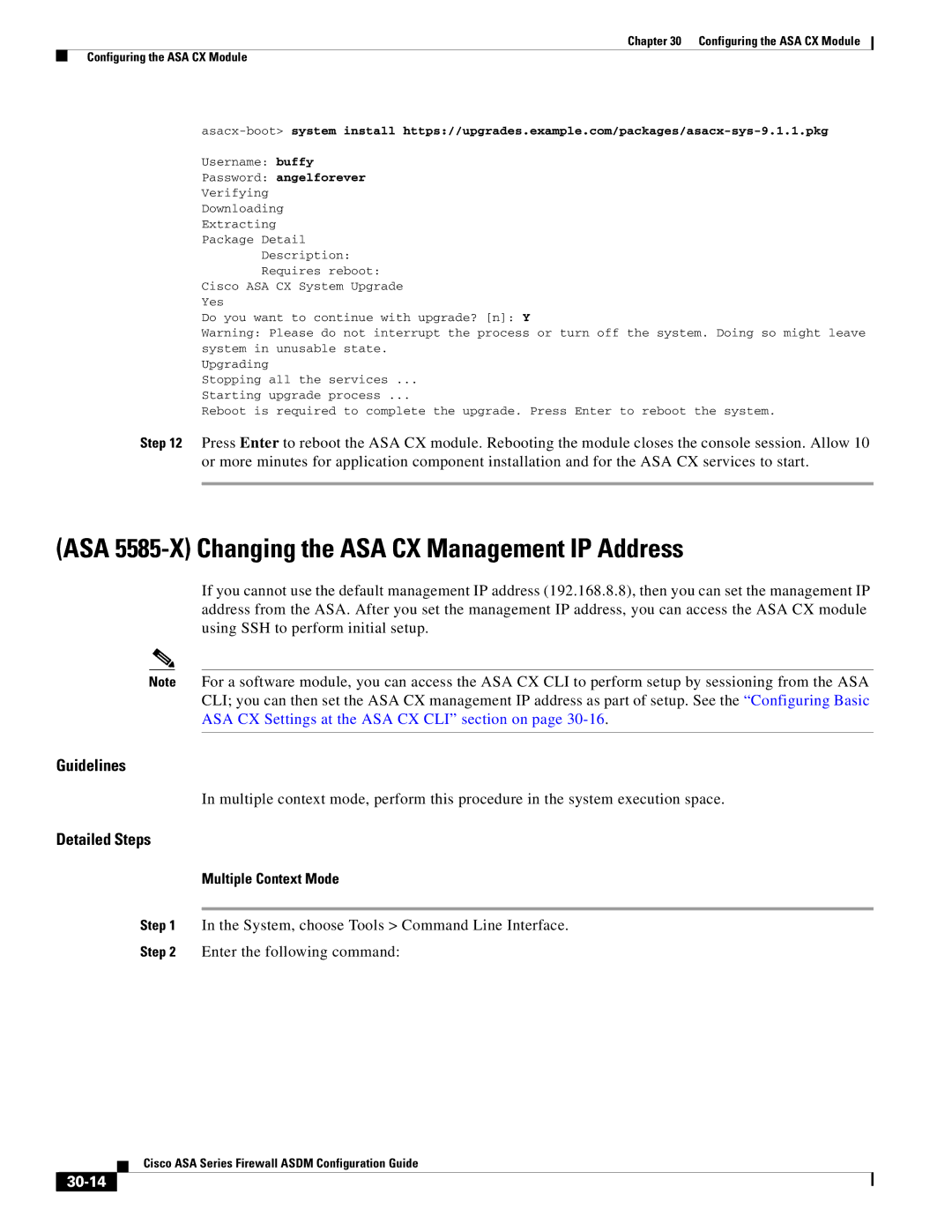 Cisco Systems ASA 5580, ASA 5505 manual ASA 5585-X Changing the ASA CX Management IP Address, Multiple Context Mode, 30-14 