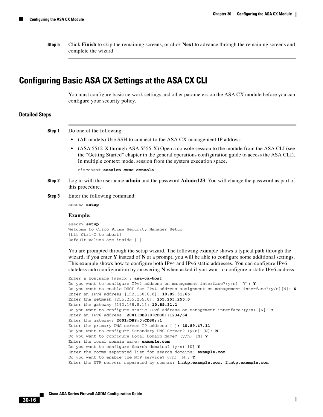 Cisco Systems ASA 5505, ASA 5545-X, ASA 5555-X, ASA 5585-X manual Configuring Basic ASA CX Settings at the ASA CX CLI, 30-16 