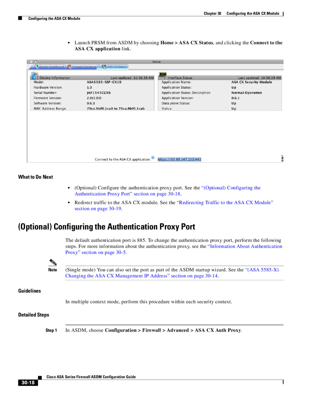 Cisco Systems ASA 5555-X, ASA 5505, ASA 5545-X, ASA 5585-X manual Optional Configuring the Authentication Proxy Port, 30-18 