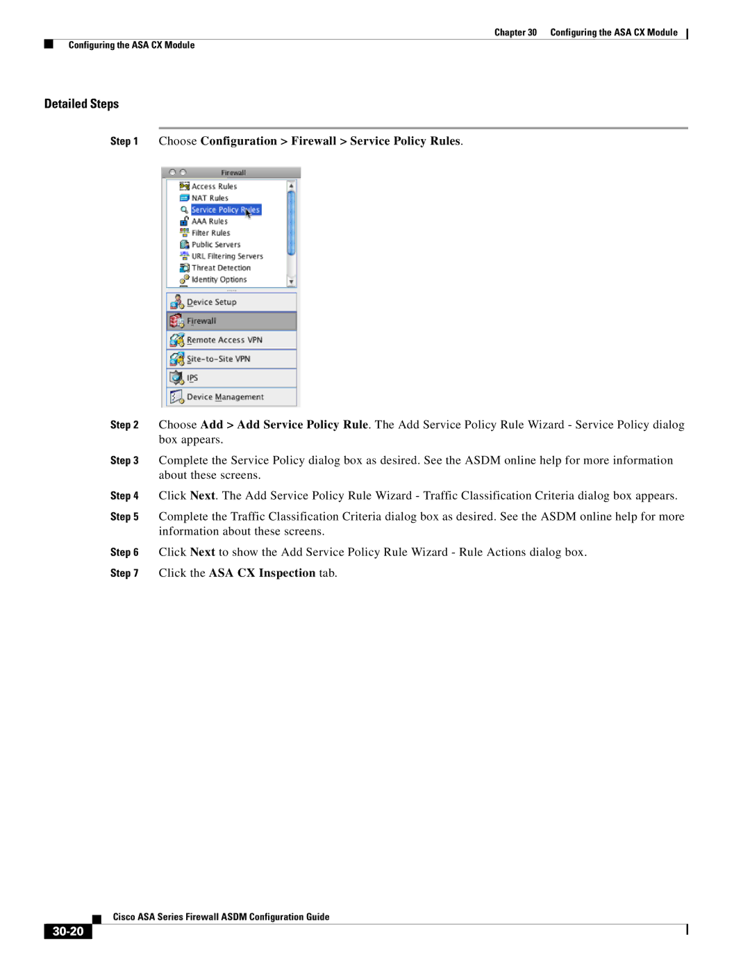 Cisco Systems ASA 5580, ASA 5505, ASA 5545-X, ASA 5555-X, ASA 5585-X manual Click the ASA CX Inspection tab, 30-20 