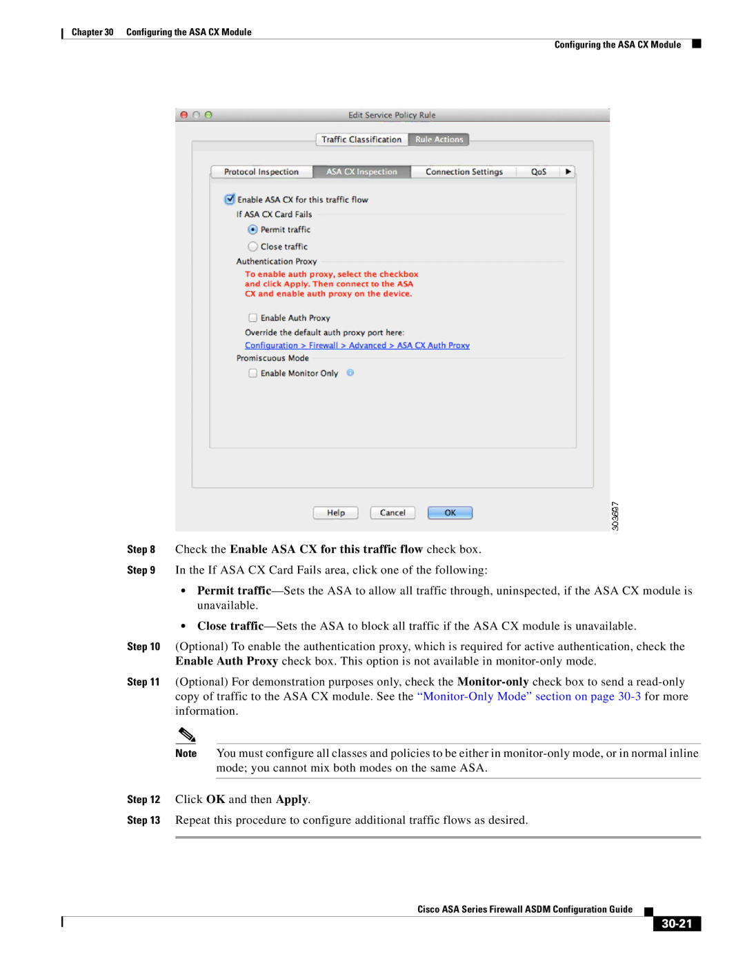 Cisco Systems ASA Services Module, ASA 5505, ASA 5545-X manual Check the Enable ASA CX for this traffic flow check box, 30-21 