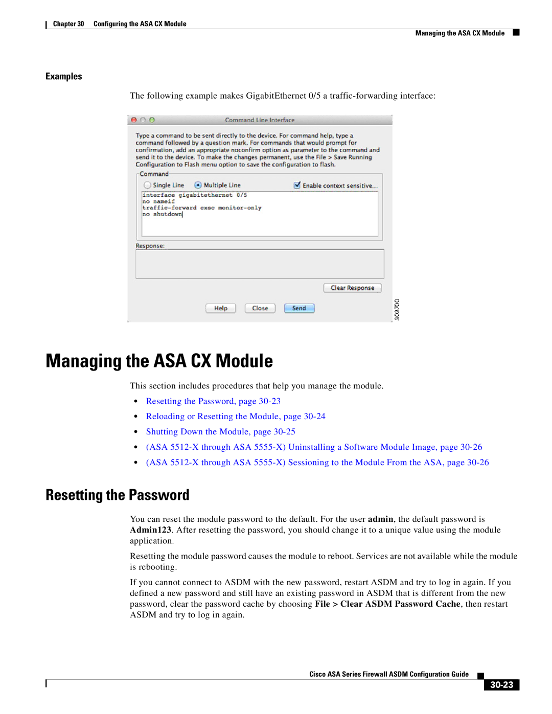 Cisco Systems ASA 5545-X, ASA 5505, ASA 5555-X, ASA 5585-X manual Managing the ASA CX Module, Resetting the Password, 30-23 