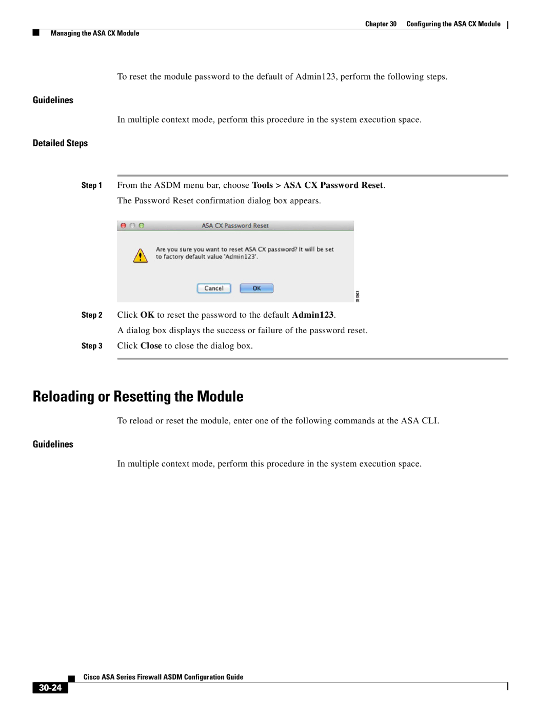 Cisco Systems ASA 5555-X, ASA 5505, ASA 5545-X, ASA 5585-X, ASA 5580 manual Reloading or Resetting the Module, 30-24 