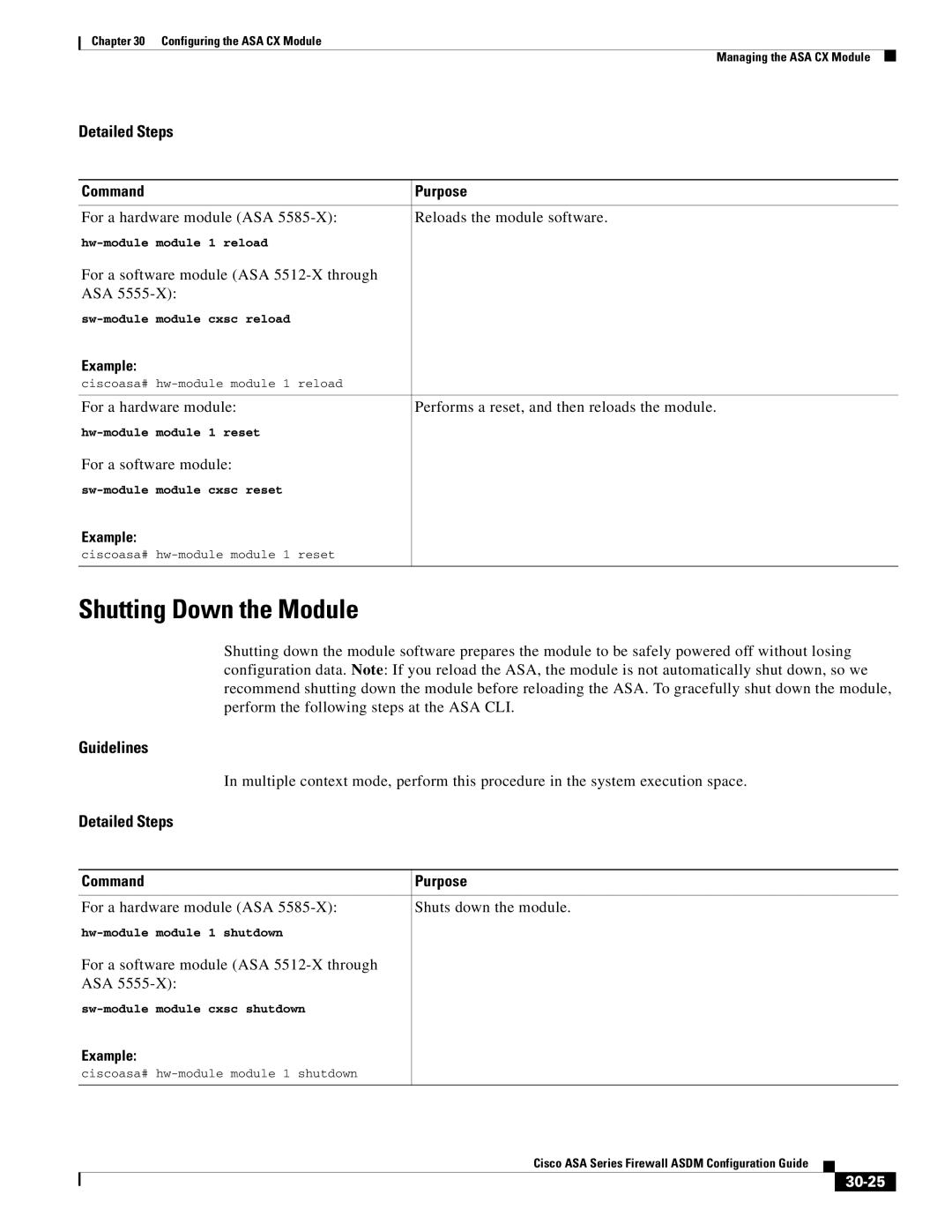 Cisco Systems ASA 5585-X, ASA 5505, ASA 5545-X, ASA 5555-X, ASA 5580, ASA Services Module manual Shutting Down the Module, 30-25 