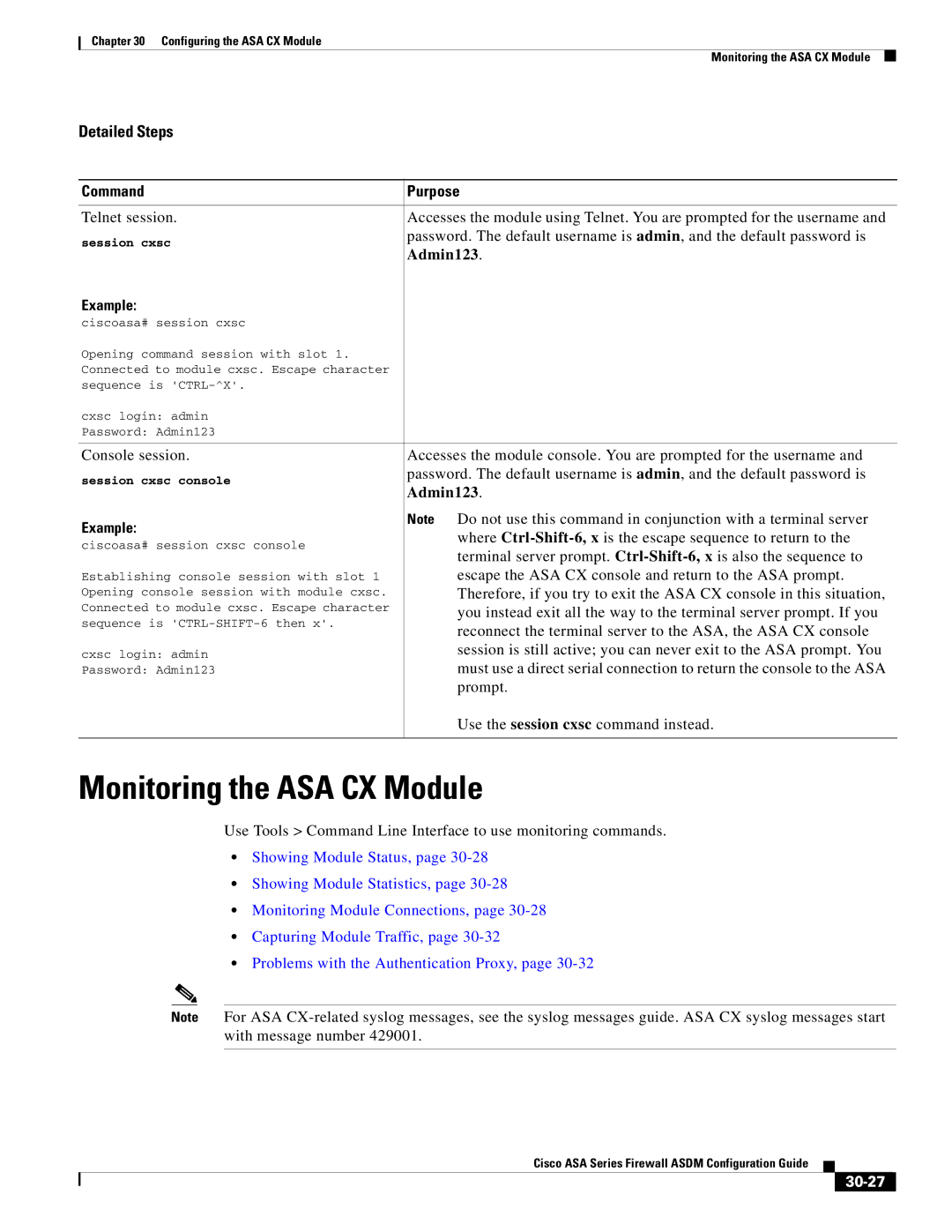 Cisco Systems ASA Services Module, ASA 5505, ASA 5545-X, ASA 5555-X, ASA 5585-X Monitoring the ASA CX Module, Admin123, 30-27 