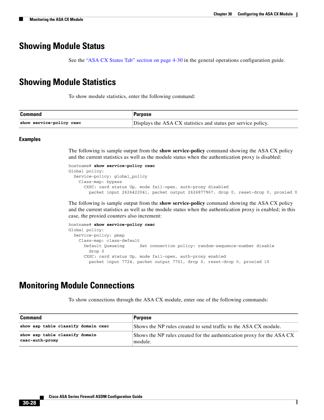 Cisco Systems ASA 5505, ASA 5545-X Showing Module Status, Showing Module Statistics, Monitoring Module Connections, 30-28 