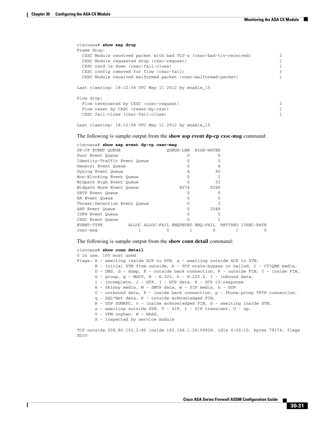 Cisco Systems ASA 5585-X, ASA 5505, ASA 5545-X, ASA 5555-X, ASA 5580, ASA Services Module manual 30-31, Ciscoasa# show asp drop 