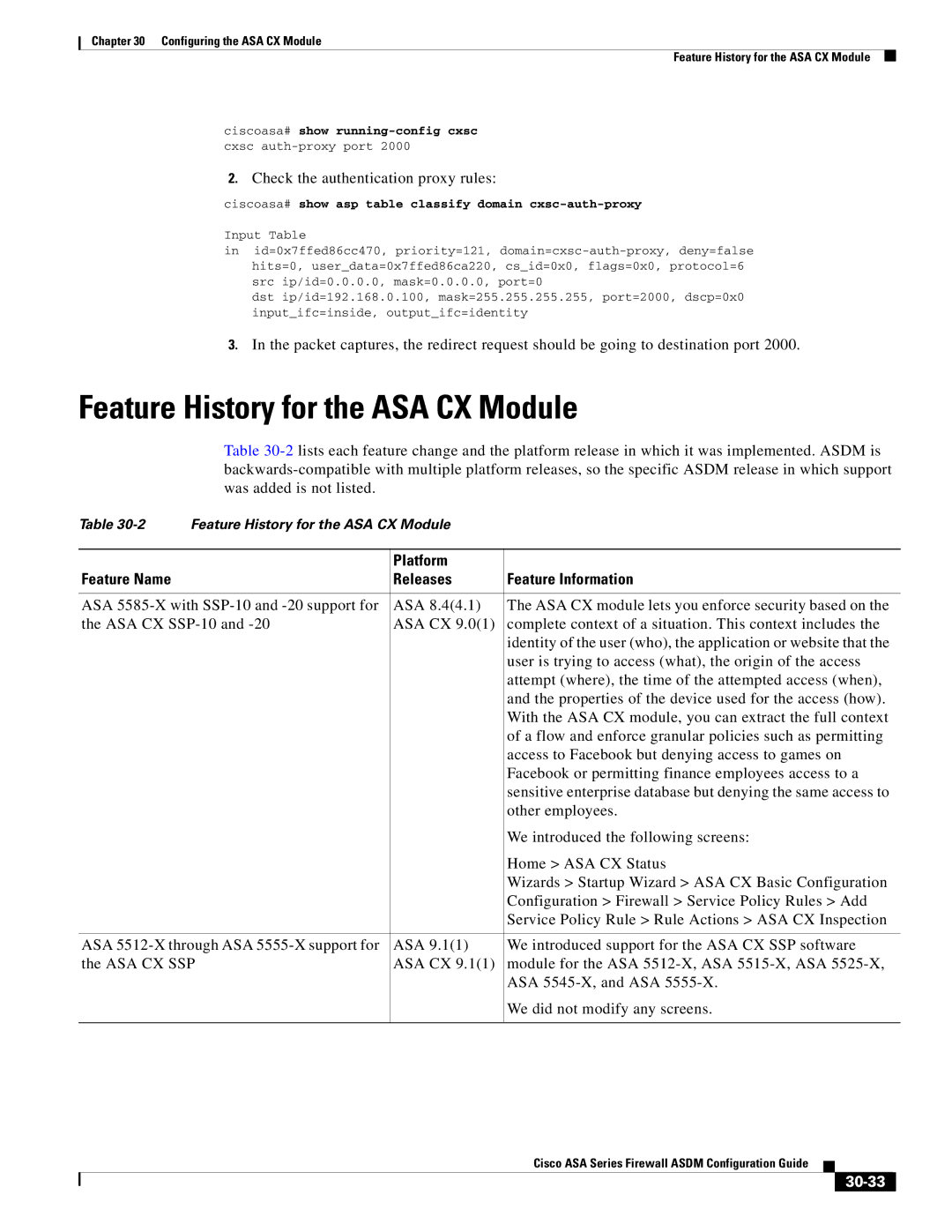 Cisco Systems ASA Services Module, ASA 5505, ASA 5545-X, ASA 5555-X, ASA 5585-X Feature History for the ASA CX Module, 30-33 