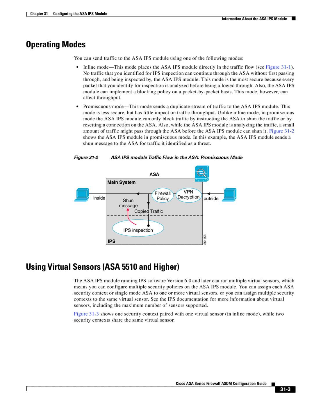 Cisco Systems ASA 5585-X, ASA 5505, ASA 5545-X, ASA 5555-X Operating Modes, Using Virtual Sensors ASA 5510 and Higher, 31-3 