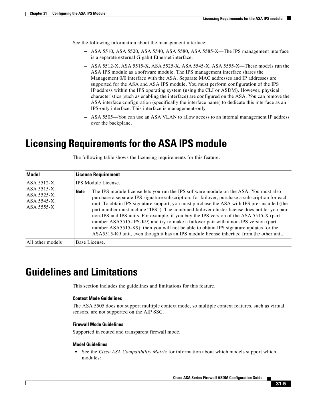 Cisco Systems ASA Services Module, ASA 5505, ASA 5545-X, ASA 5555-X manual Licensing Requirements for the ASA IPS module, 31-5 