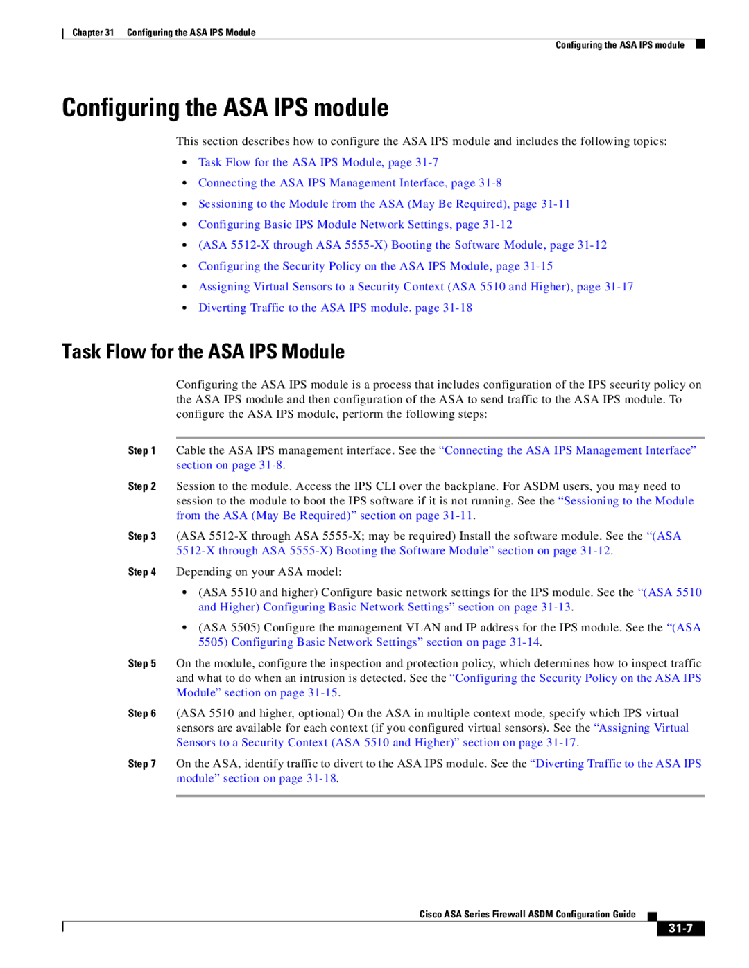 Cisco Systems ASA 5545-X, ASA 5505, ASA 5555-X manual Configuring the ASA IPS module, Task Flow for the ASA IPS Module, 31-7 