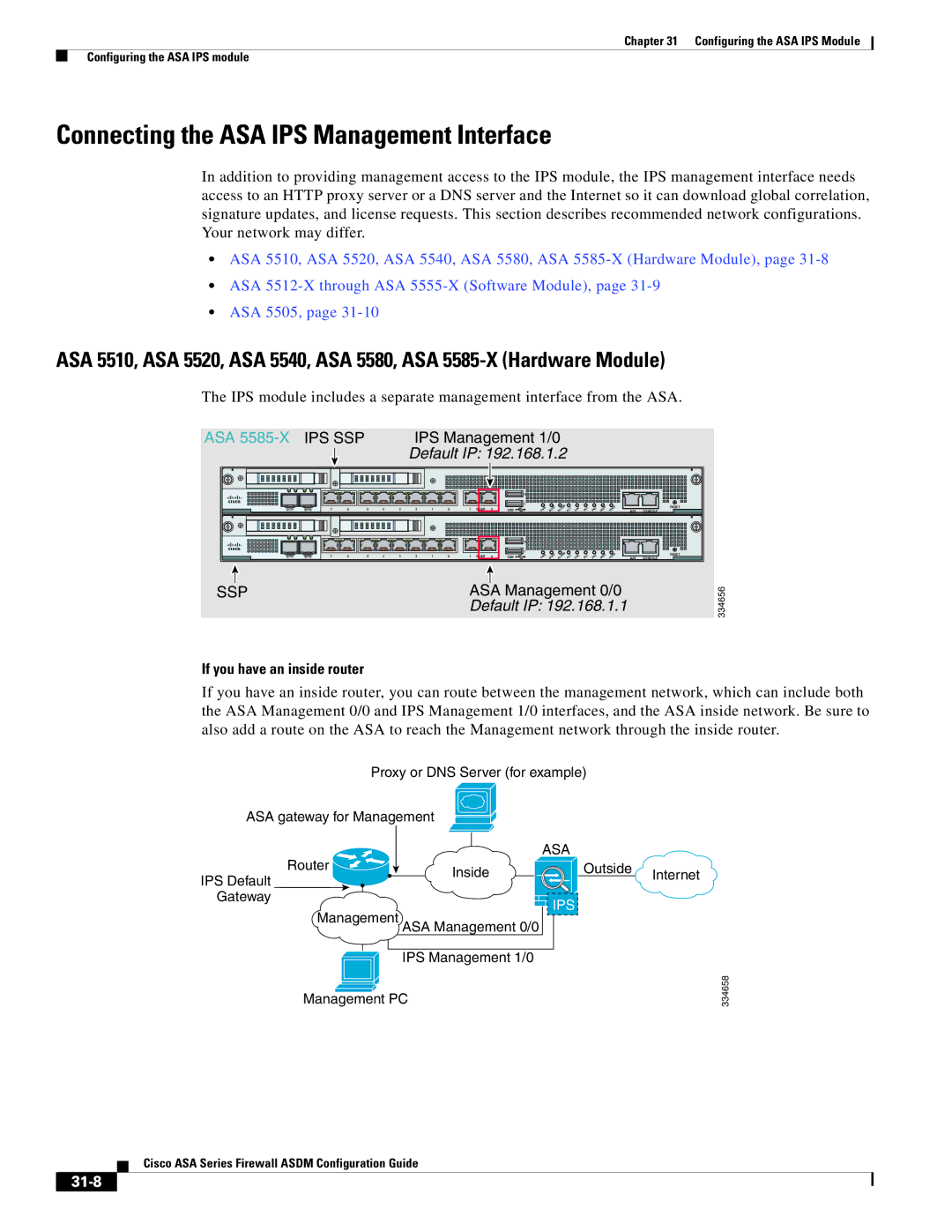 Cisco Systems ASA 5555-X, ASA 5505, ASA 5545-X, ASA 5585-X, ASA 5580 manual Connecting the ASA IPS Management Interface, 31-8 