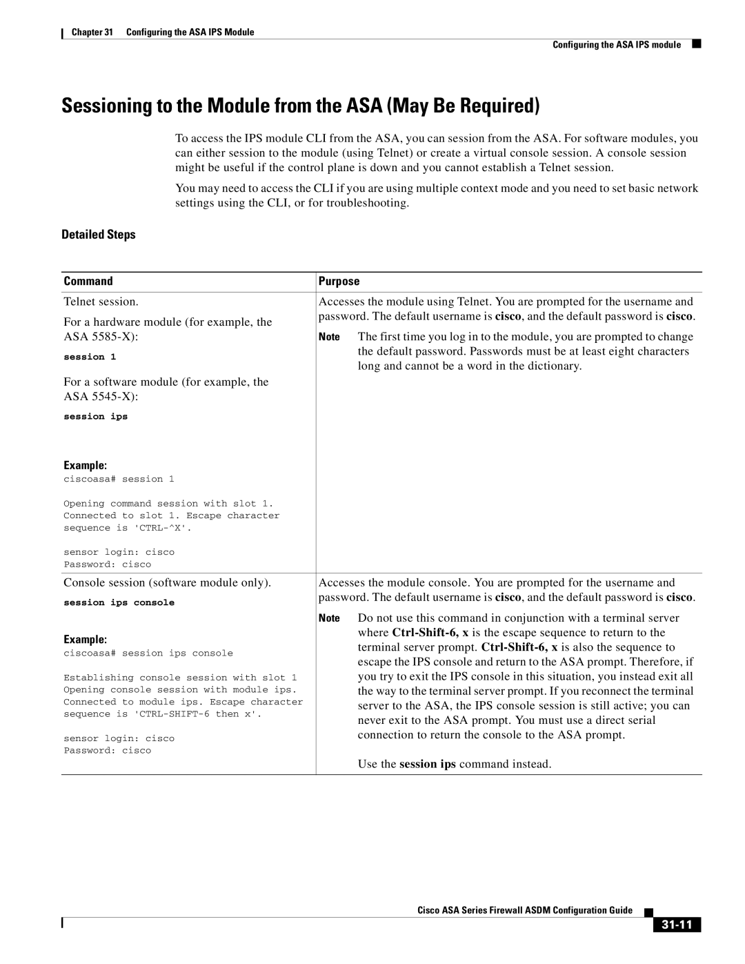 Cisco Systems ASA Services Module, ASA 5505, ASA 5545-X manual Sessioning to the Module from the ASA May Be Required, 31-11 