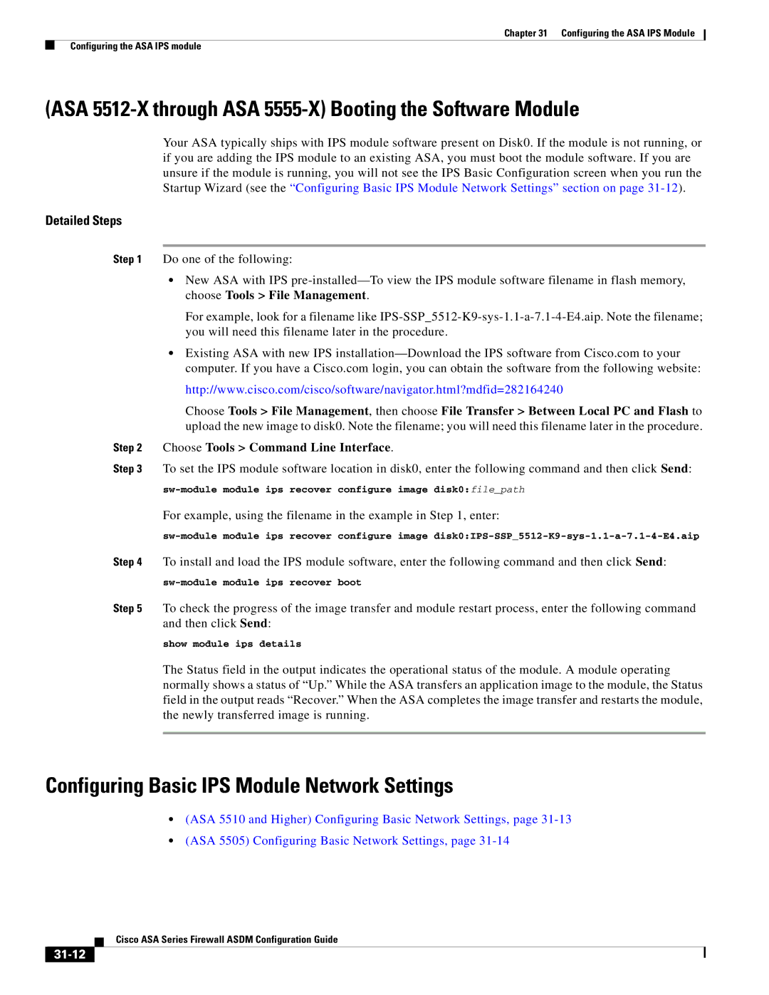 Cisco Systems ASA 5505, ASA 5545-X, ASA 5585-X, ASA 5580 ASA 5512-X through ASA 5555-X Booting the Software Module, 31-12 