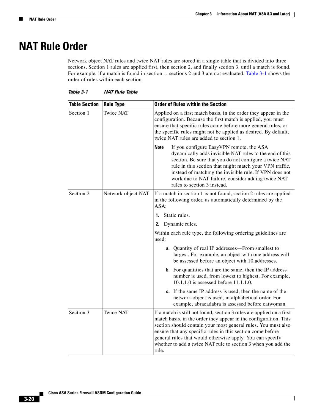 Cisco Systems ASA 5580, ASA 5505, ASA 5545-X, ASA 5555-X manual NAT Rule Order, Rule Type Order of Rules within the Section 