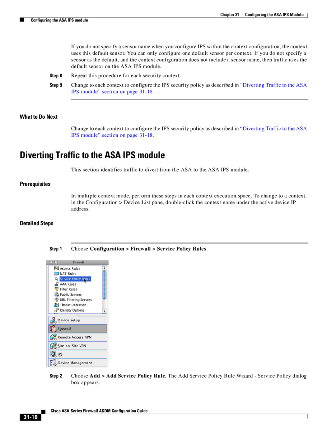 Cisco Systems ASA 5505, ASA 5545-X, ASA 5555-X, ASA 5585-X, ASA 5580 manual Diverting Traffic to the ASA IPS module, 31-18 