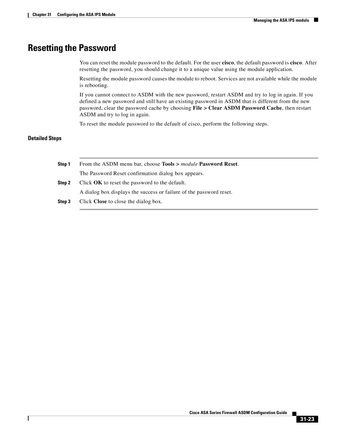 Cisco Systems ASA Services Module, ASA 5505, ASA 5545-X, ASA 5555-X, ASA 5585-X, ASA 5580 manual Resetting the Password, 31-23 