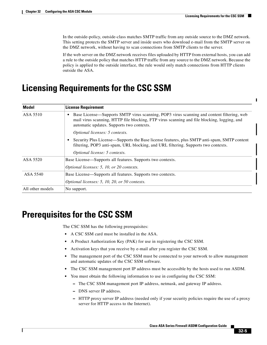 Cisco Systems ASA 5545-X, ASA 5505, ASA 5555-X Licensing Requirements for the CSC SSM, Prerequisites for the CSC SSM, 32-5 