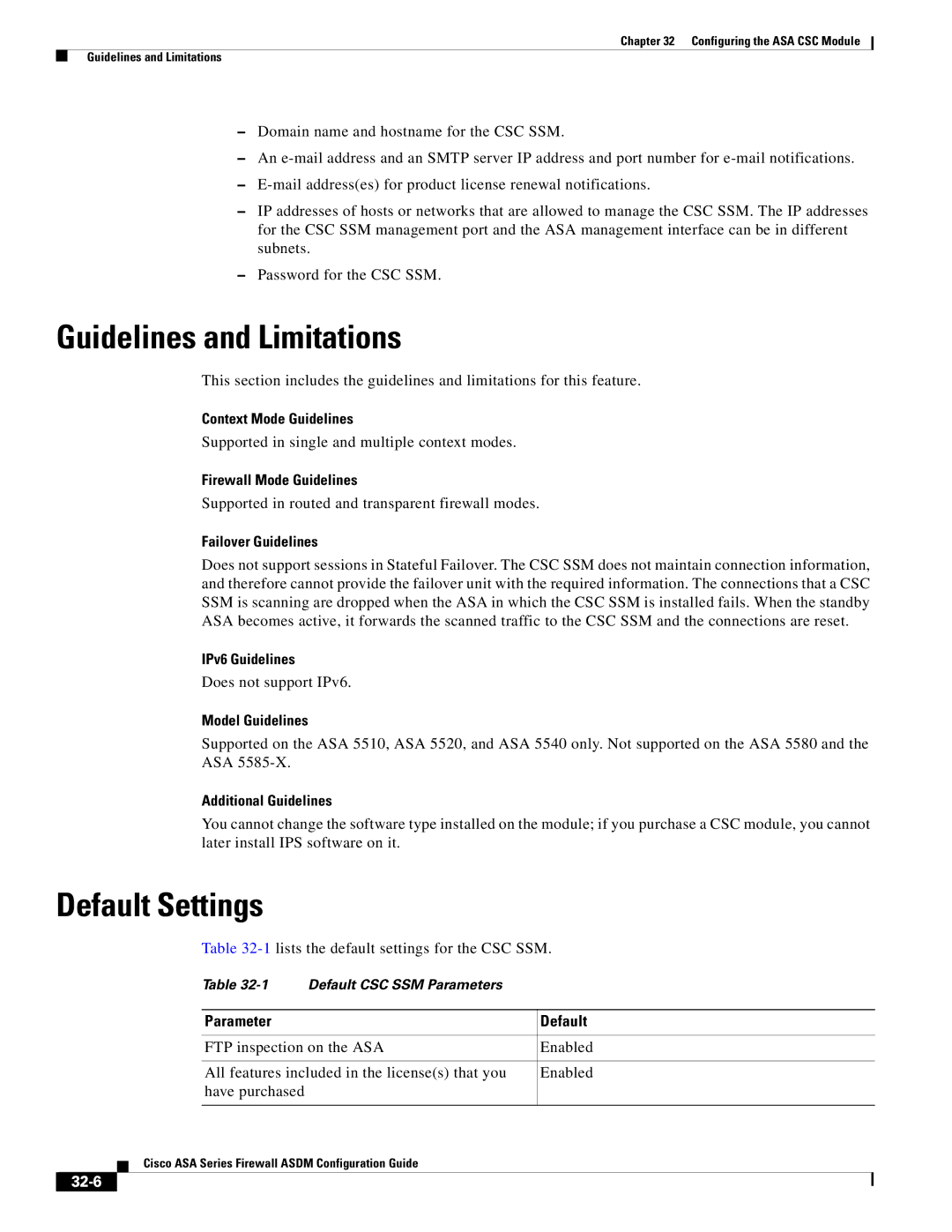 Cisco Systems ASA 5555-X, ASA 5505, ASA 5545-X, ASA 5585-X, ASA 5580, ASA Services Module manual Parameter Default, 32-6 