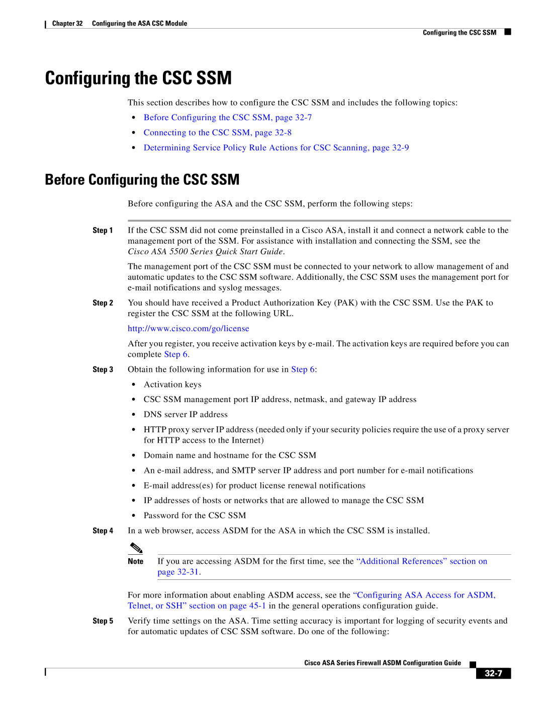 Cisco Systems ASA 5585-X, ASA 5505, ASA 5545-X, ASA 5555-X, ASA 5580 manual Before Configuring the CSC SSM, 32-7 