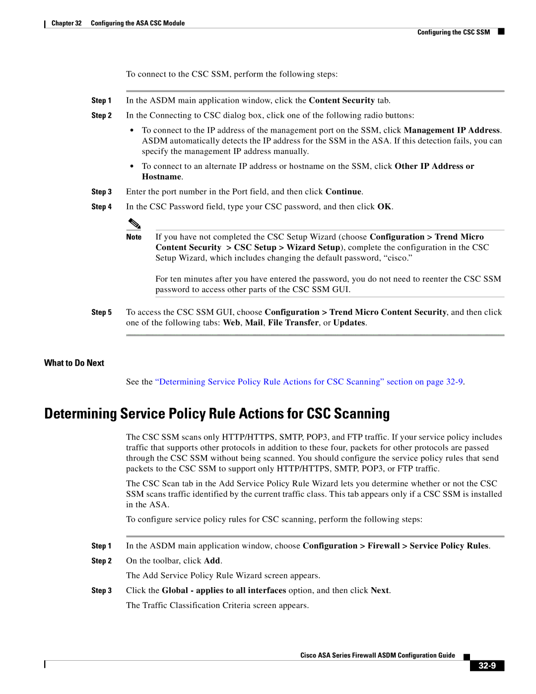 Cisco Systems ASA Services Module, ASA 5505, ASA 5545-X manual Determining Service Policy Rule Actions for CSC Scanning, 32-9 