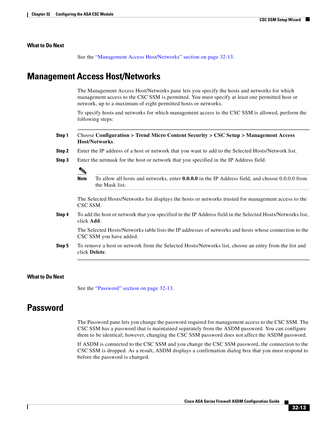 Cisco Systems ASA 5585-X, ASA 5505, ASA 5545-X, ASA 5555-X, ASA 5580 manual Management Access Host/Networks, Password, 32-13 