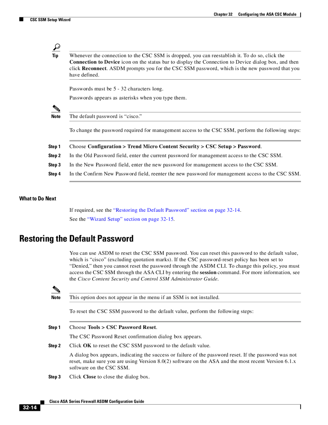 Cisco Systems ASA 5580, ASA 5505, ASA 5545-X manual Restoring the Default Password, Choose Tools CSC Password Reset, 32-14 