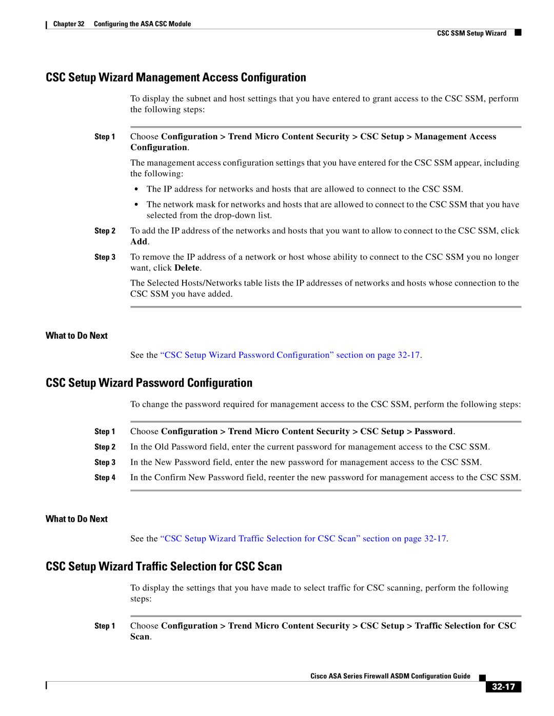 Cisco Systems ASA 5545-X CSC Setup Wizard Management Access Configuration, CSC Setup Wizard Password Configuration, 32-17 