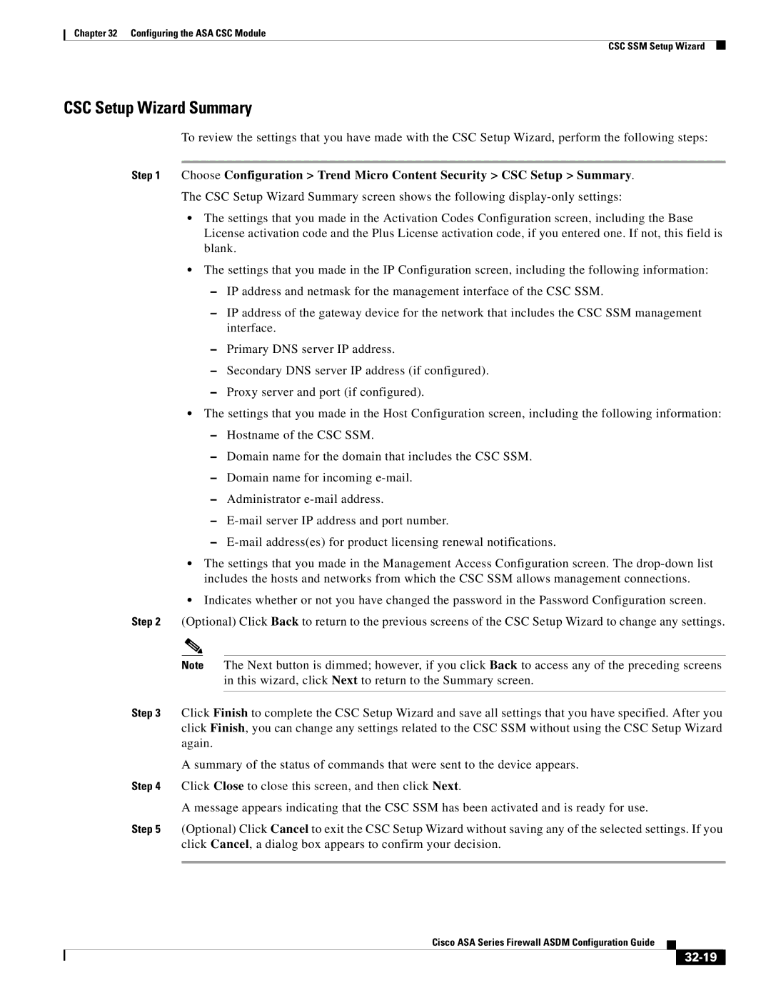 Cisco Systems ASA 5585-X, ASA 5505, ASA 5545-X, ASA 5555-X, ASA 5580, ASA Services Module manual CSC Setup Wizard Summary, 32-19 