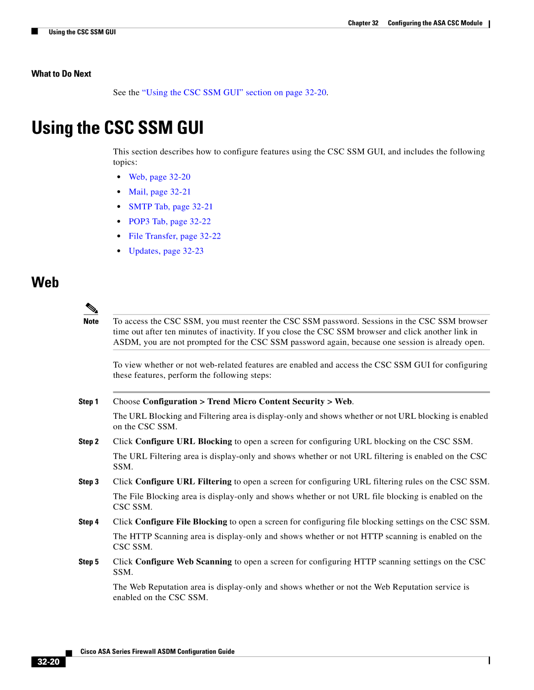 Cisco Systems ASA 5580, ASA 5505 Using the CSC SSM GUI, Choose Configuration Trend Micro Content Security Web, 32-20 