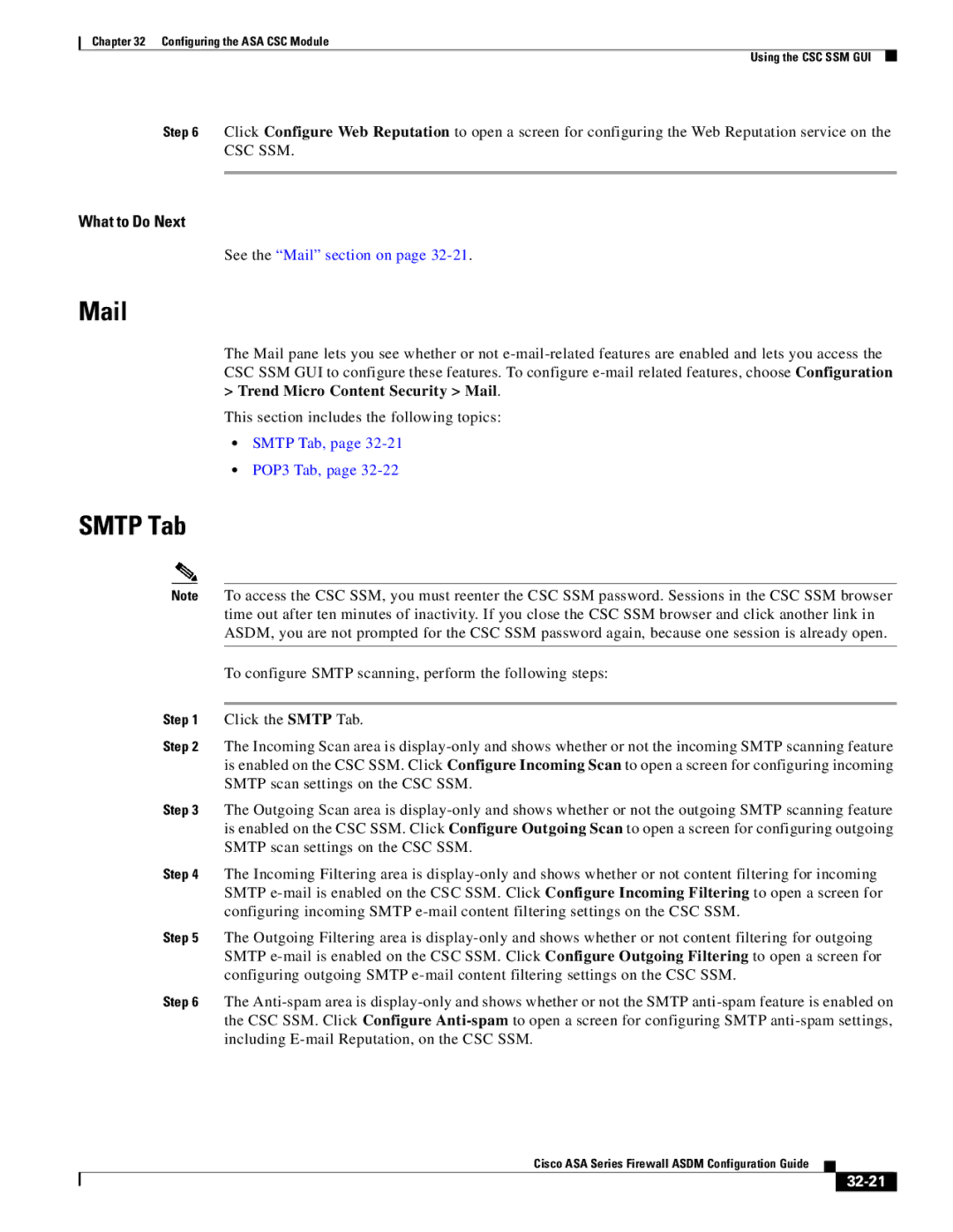 Cisco Systems ASA Services Module, ASA 5505, ASA 5545-X, ASA 5555-X, ASA 5585-X, ASA 5580 manual Mail, Smtp Tab, 32-21 