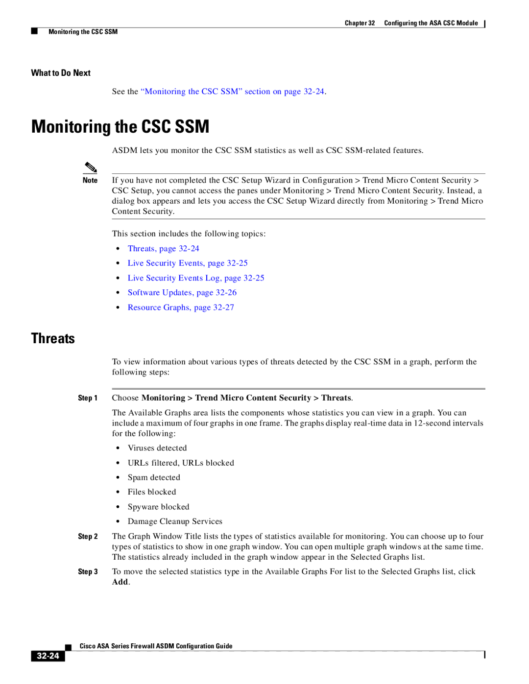 Cisco Systems ASA 5555-X manual Monitoring the CSC SSM, Choose Monitoring Trend Micro Content Security Threats, 32-24 