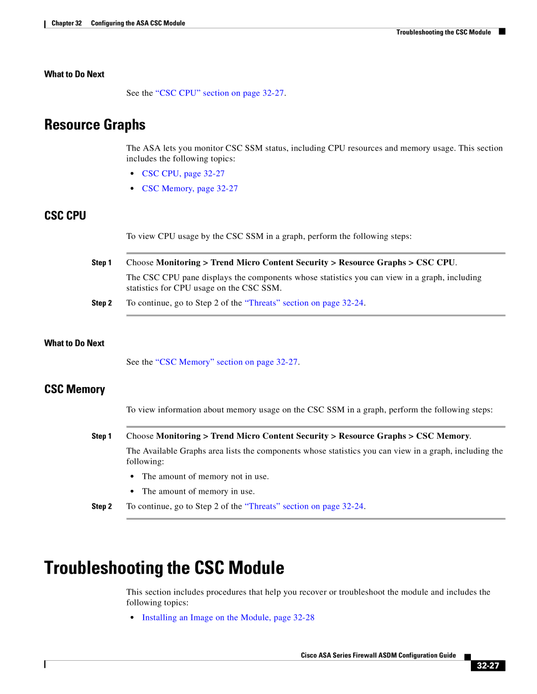 Cisco Systems ASA Services Module, ASA 5505, ASA 5545-X Troubleshooting the CSC Module, Resource Graphs, CSC Memory, 32-27 