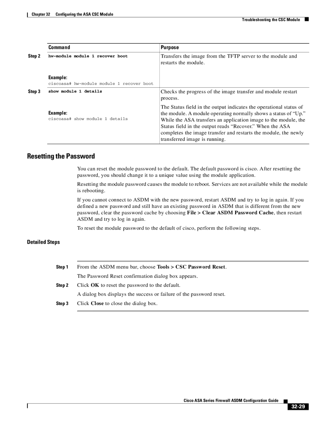 Cisco Systems ASA 5545-X, ASA 5505, ASA 5555-X, ASA 5585-X, ASA 5580, ASA Services Module manual Resetting the Password, 32-29 