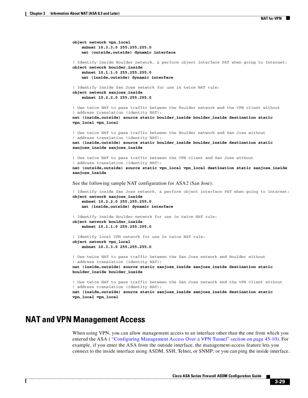 Cisco Systems ASA 5545-X, ASA 5505, ASA 5555-X, ASA 5585-X, ASA 5580 manual NAT and VPN Management Access, Subnet 10.2.2.0 