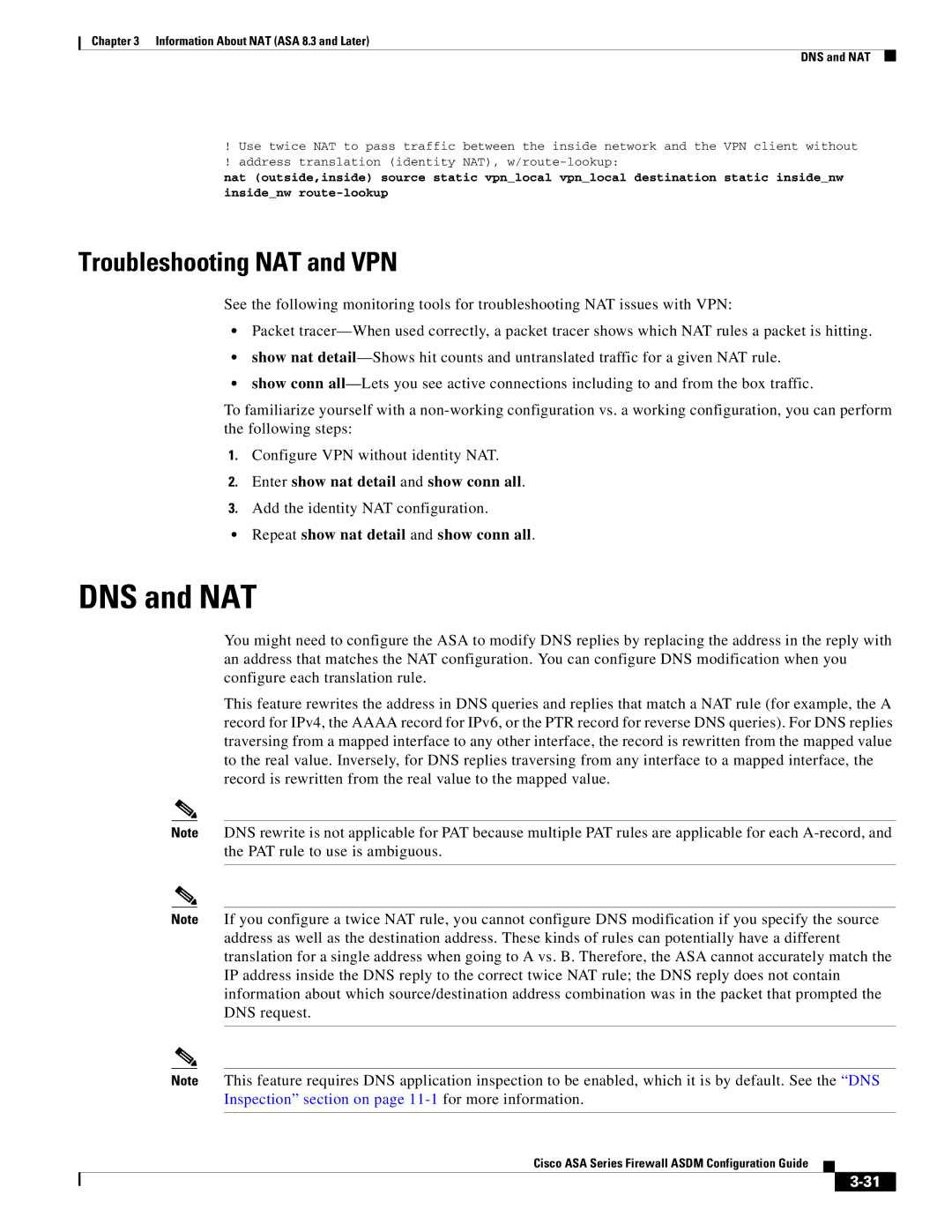 Cisco Systems ASA 5585-X, ASA 5505 manual DNS and NAT, Troubleshooting NAT and VPN, Enter show nat detail and show conn all 