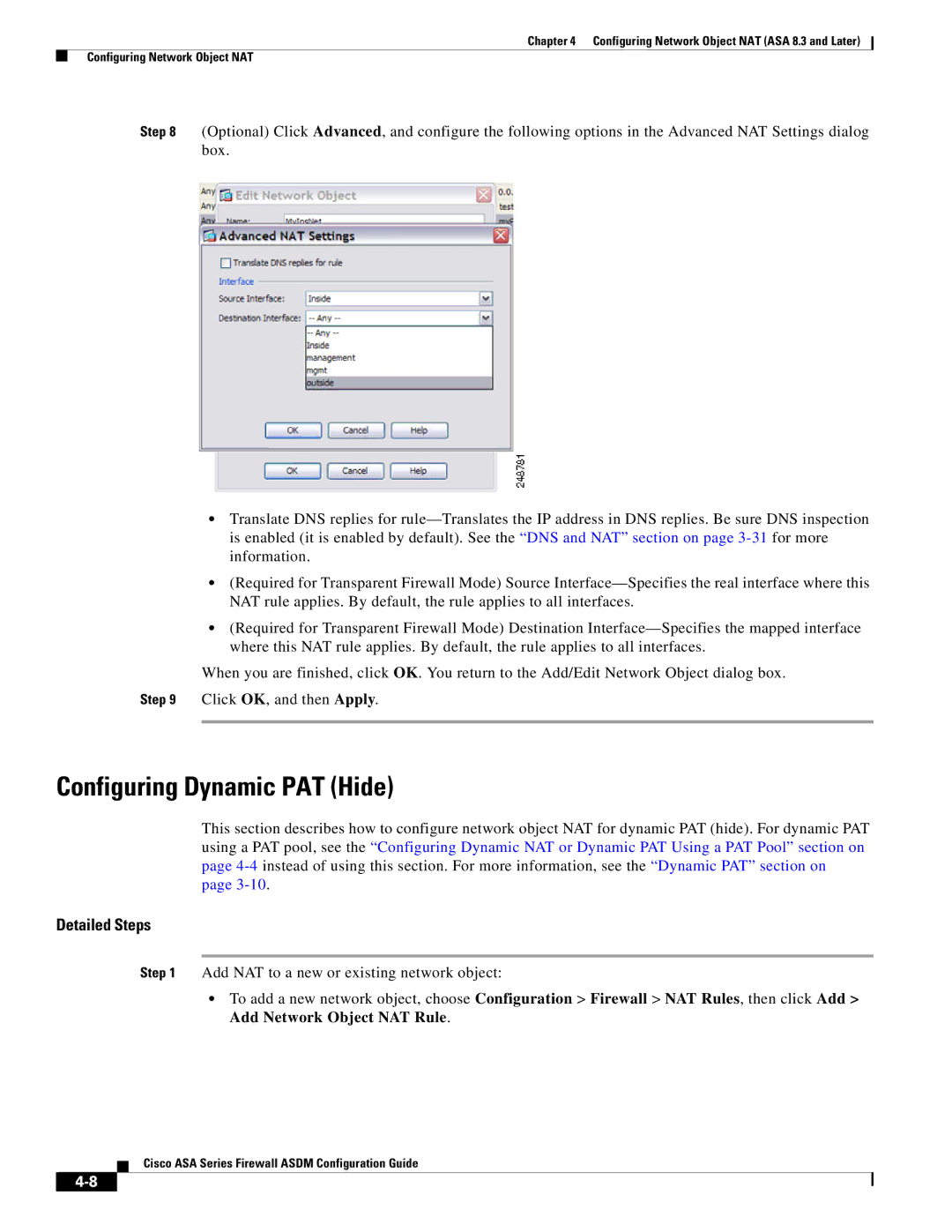 Cisco Systems ASA 5580, ASA 5505, ASA 5545-X, ASA 5555-X, ASA 5585-X, ASA Services Module manual Configuring Dynamic PAT Hide 