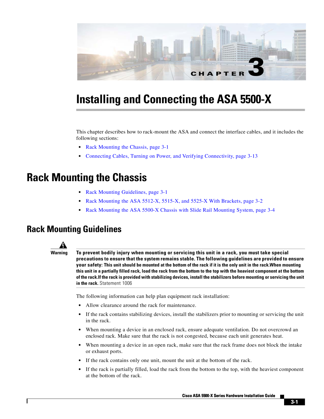 Cisco Systems ASA5555IPSK9 manual Installing and Connecting the ASA, Rack Mounting the Chassis, Rack Mounting Guidelines 
