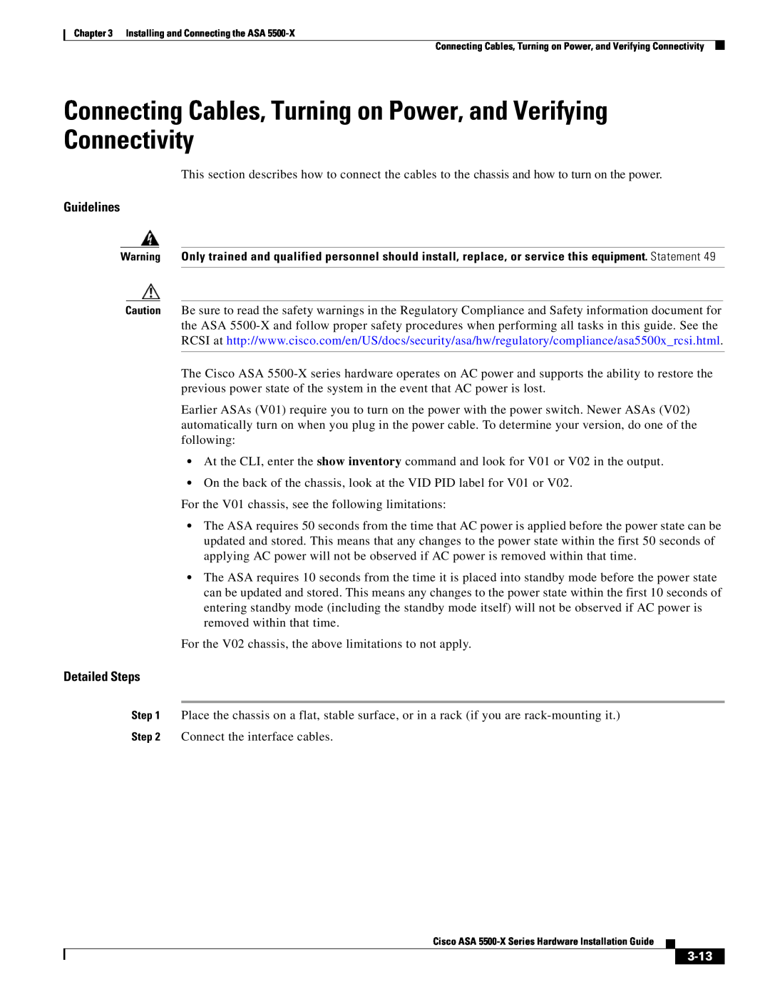 Cisco Systems kygjygcjgf Connecting Cables, Turning on Power, and Verifying Connectivity, Guidelines, 3-13, Detailed Steps 