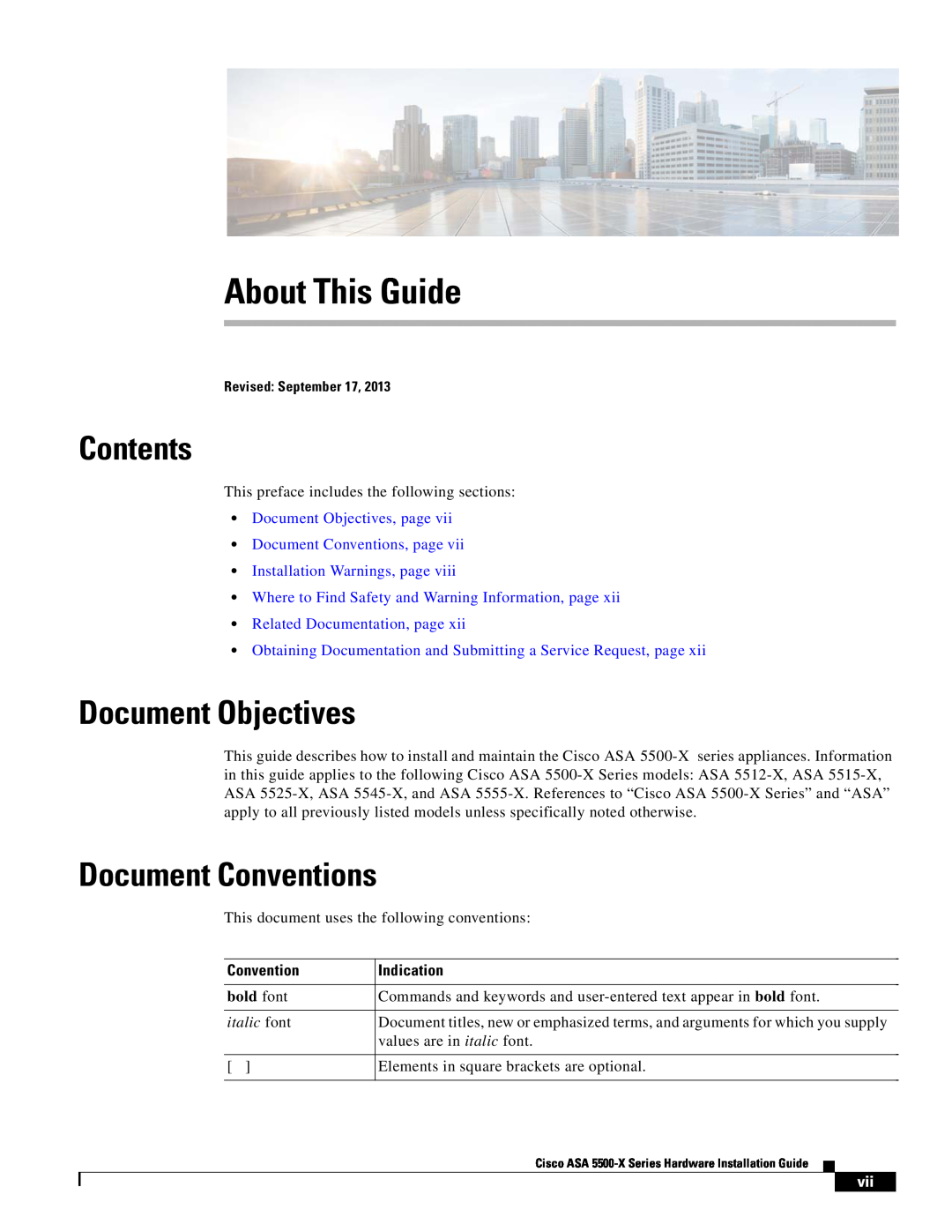 Cisco Systems ASA5525IPSK9 About This Guide, Contents, Document Objectives, Document Conventions, bold font, italic font 