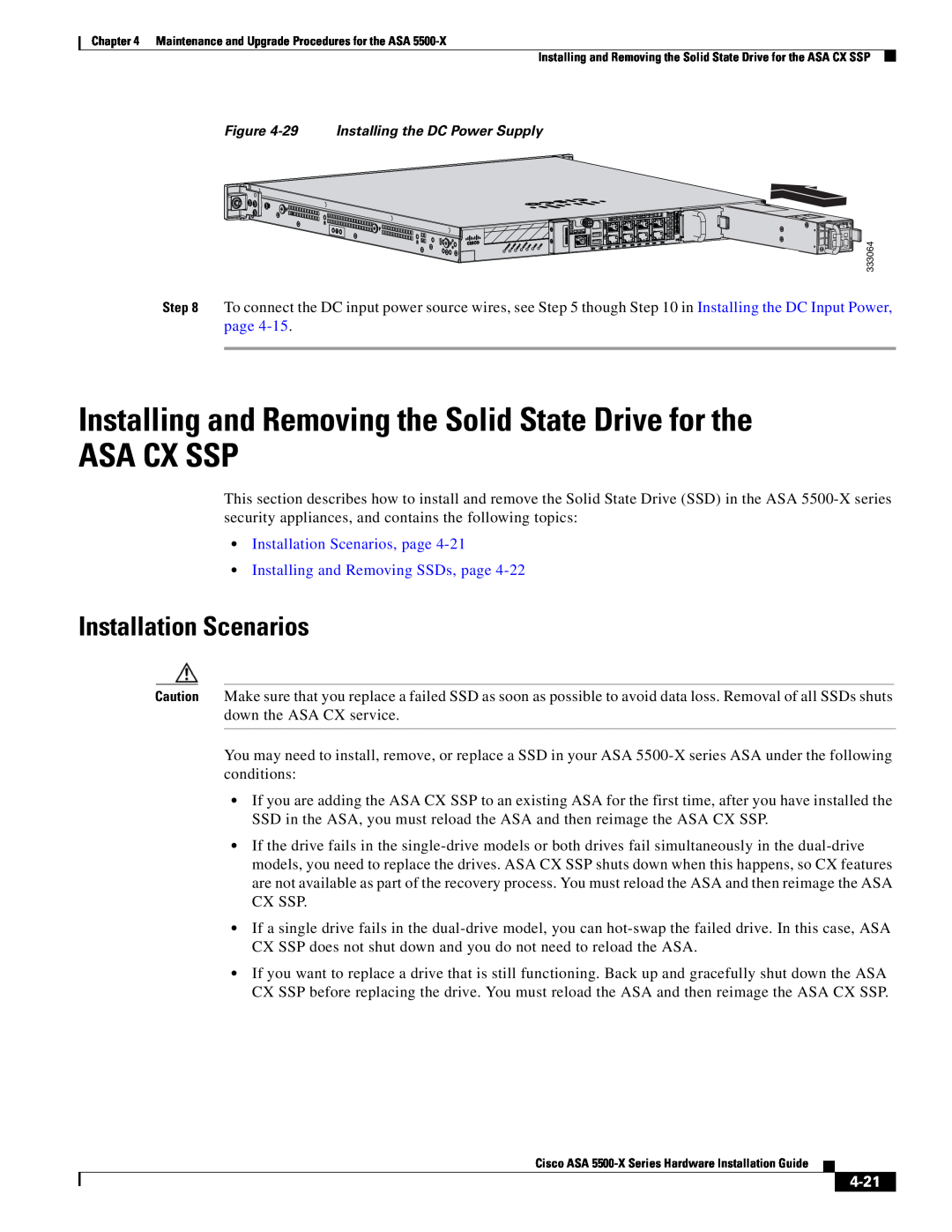 Cisco Systems ASA5515K9 Installing and Removing the Solid State Drive for the ASA CX SSP, Installation Scenarios, 4-21 