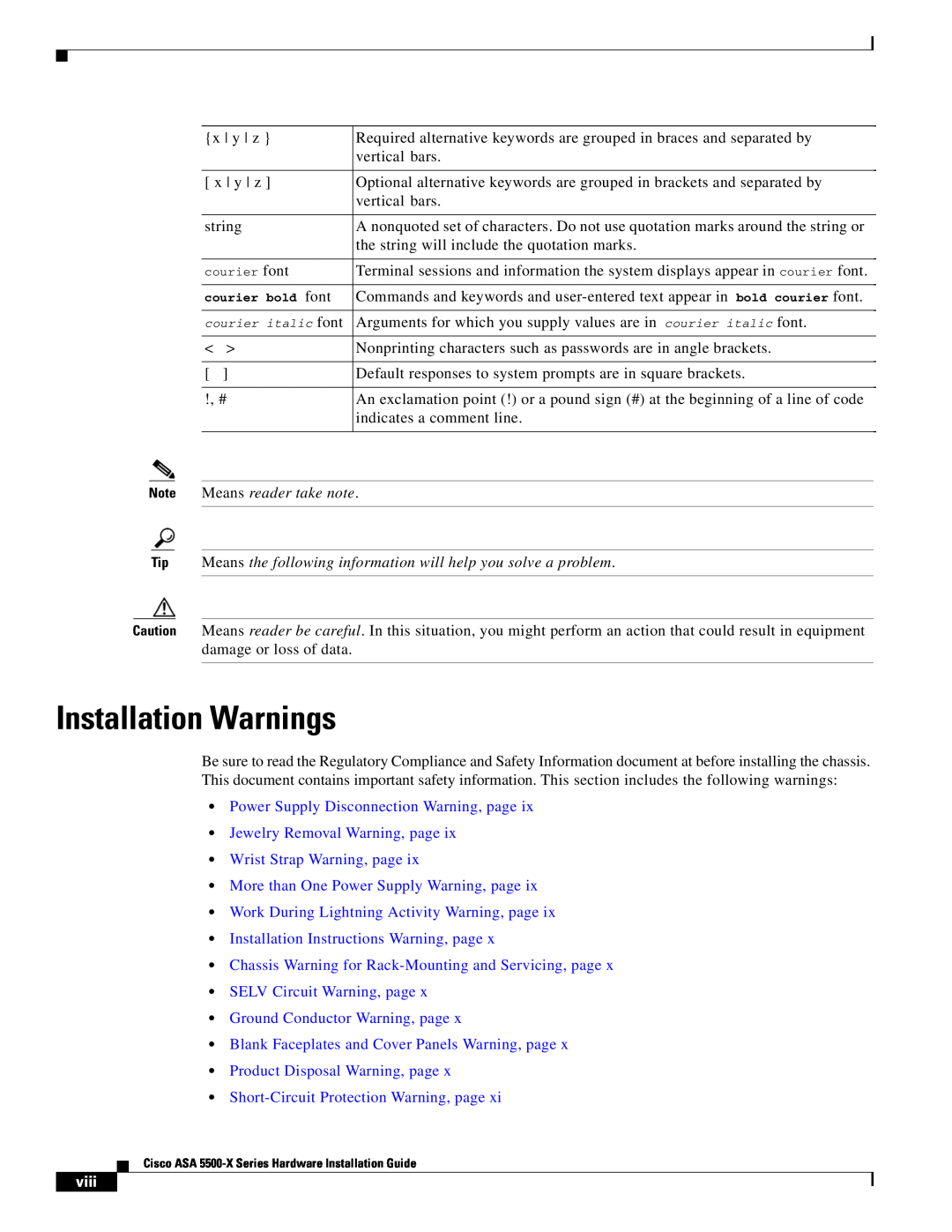 Cisco Systems ASA5512AW1YPR Installation Warnings, Note Means reader take note, Power Supply Disconnection Warning, page 