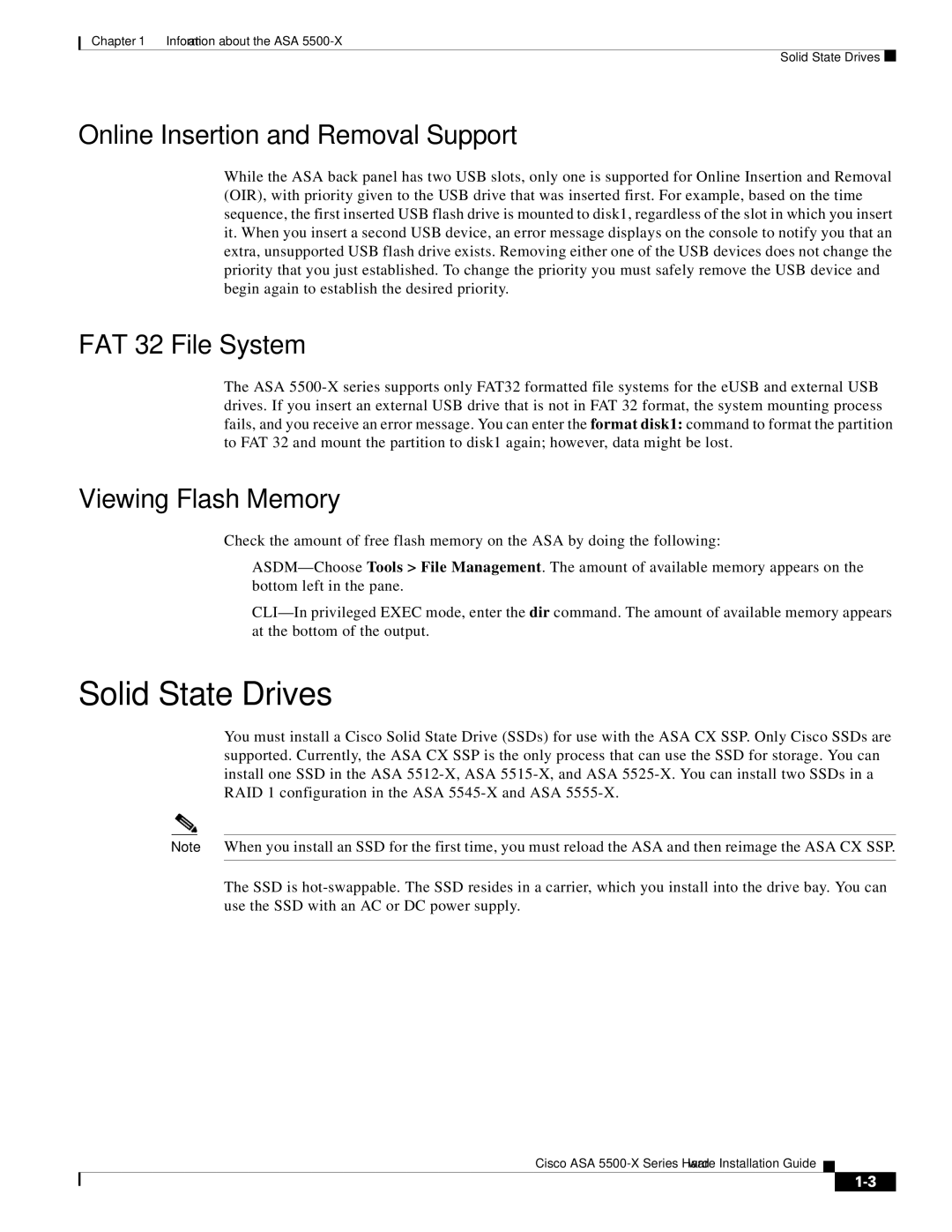 Cisco Systems ASA5525IPSK9, ASA5515K9 manual Solid State Drives, Online Insertion and Removal Support, FAT 32 File System 