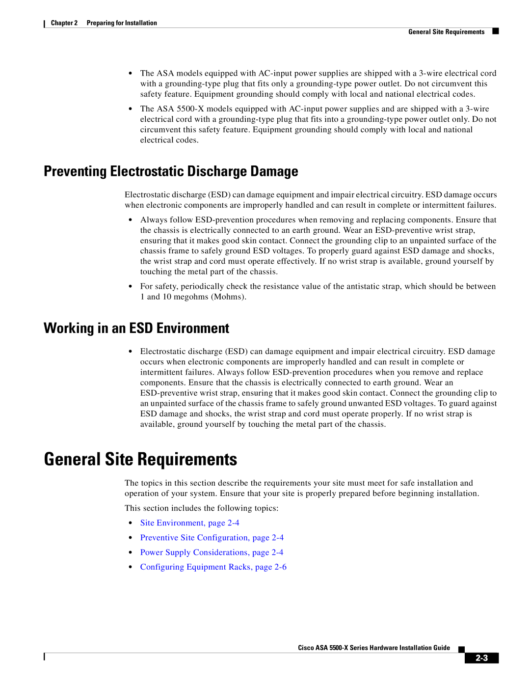 Cisco Systems ASA5515K9, kygjygcjgf, ASA5525IPSK9 manual General Site Requirements, Preventing Electrostatic Discharge Damage 